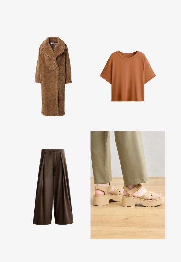 Bruine nep bontjas met een dubbel knoopsgat, ingezette kraag en zijzakken. Zachte textuur en middellange design.; Korte mouwen, boxy t-shirt in een roestkleur. Gemaakt van gladde stof met een brede halslijn en een relaxte pasvorm, met een nette zoom.; Bruine wijde broek gemaakt van een gestructureerde stof, met een trekkoord in de taille en voorplooien.; Beige suède platform sandalen met brede banden en een chunky zool. Voorzien van een verstelbare achterkant en een gestructureerde loopzool voor grip.