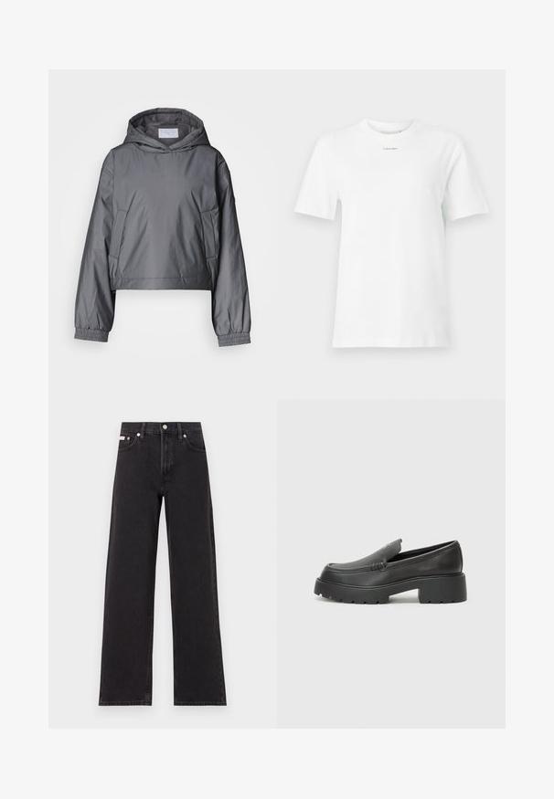 Pilkos spalvos trumpas švarkas, pagamintas iš lengvos medžiagos, su gobtuvu, elastingomis rankovėmis ir šoninėmis kišenėmis. Lygus tekstūra su minimalistu dizainu.; Baltas medvilninis marškinėliai su apykakle, trumpomis rankovėmis ir mažu juodu "Calvin Klein" logotipu krūtinėje. Paprastas dizainas, be raštų.; Juodos plačios kojų džinsai, pagaminti iš džinsinio audinio, su aukštu liemeniu, penkių kišenių stiliumi ir metaline sagte su kontrastingo siuvimo detalėmis.; Juodi odiniai loaferiai su apvaliu pirštu, storu tekstūruotu padu ir minimaliu siūlių dekoru. Išskirtinis dizainas be matomų raištelių ar furnitūros.