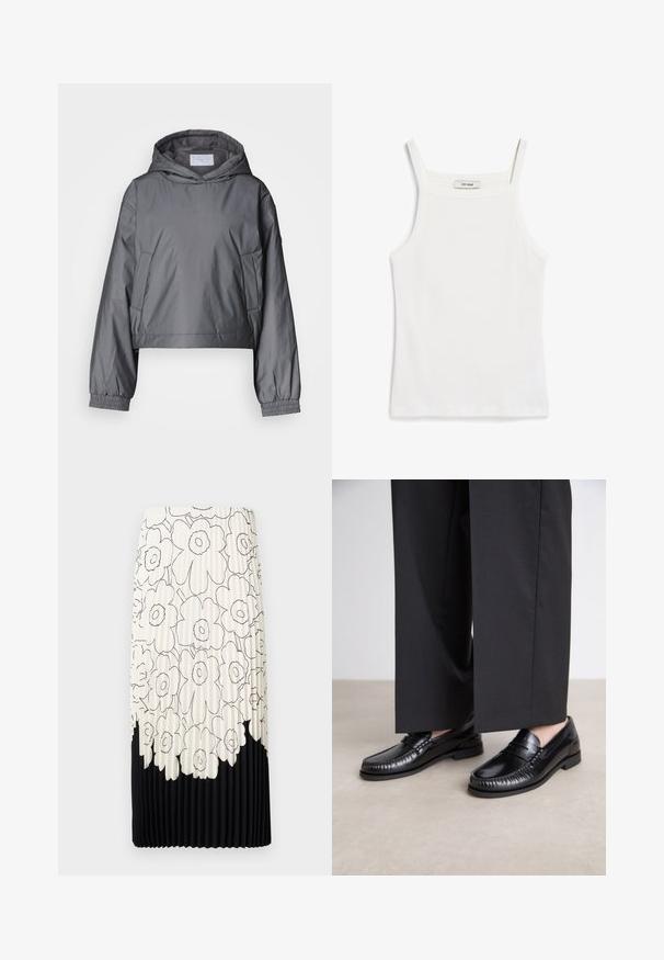 Hallhalli halljope, mis on valmistatud kergest materjalist, hoodiga, elastsete mansettide ja küljetaskutega. Sile tekstuur ja minimaalne disain.; Valge tank top, millel on õhukesed rihmad, valmistatud ribakangast, sirge dekoltee ja puhas viimistlus allääres.; Kortsärk, millel on lilleline must-valge muster, koosneb heledast ülemisest osast lilledega ja ühtlasest mustast alläärest.; Mustadest nahast loaferdest on sile pind, õmmeldud detaile varvaste ümber ja madal kummitald. Kombineeritud laia musta pükste jaoks.
