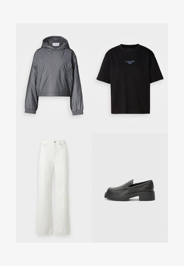 Hallhalli halljope, mis on valmistatud kergest materjalist, hoodiga, elastsete mansettide ja küljetaskutega. Sile tekstuur ja minimaalne disain.; Mustmust särk ümmarguse kaelusega, lühikeste varrukatega ja sinise tikandiga "Calvin Klein JEANS" logo ees.; Samsøe Samsøe SHELLY - Avar lõikega teksad - clear cream; Mustad nahast loafers ümarate varvastega, paksu tekstuuriga tald ja minimaalsete õmbluse detailidega. Viimistletud disain, kus pole nähtavaid paelu ega riistu.