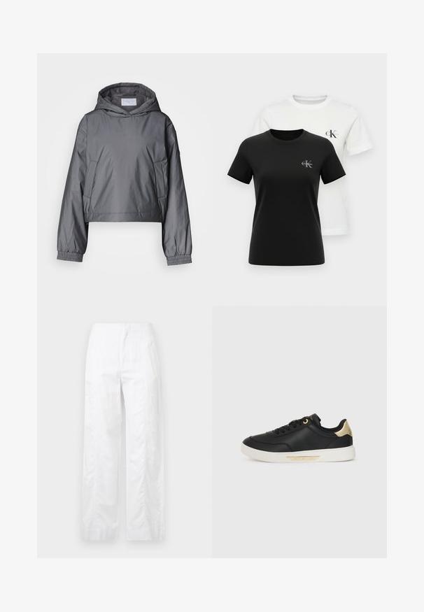 Gray cropped jacket made of lightweight material, featuring a hood, elastic cuffs, and side pockets. Smooth texture with minimal design.; Black and white short-sleeve t-shirts made from cotton, featuring a crew neck and a small logo on the chest. Smooth texture, classic fit.; White wide-leg trousers made of lightweight fabric, featuring a smooth texture, clean lines, and a high waist design.; Black leather sneaker with a smooth texture, white rubber sole, gold accents on the heel and eyelets, featuring a logo on the side.