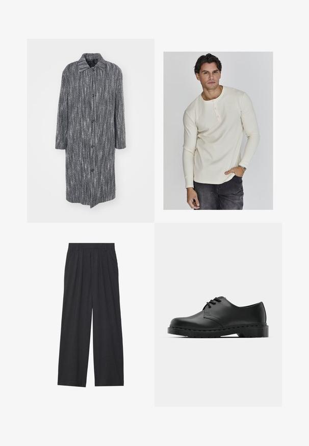 Lang, loszittende jas met een visgraatpatroon in zwart en wit, met een gespreid kraag en zes frontknopen.; Lange mouw crèmekleurige geribbelde henley-shirt met een ronde halslijn, drieknoopssluiting en strakke manchetten, gecombineerd met donkere spijkerbroeken.; Wijd-uitlopende broeken van donkergrijze stof. Kenmerken zijn plooien bij de taille, een tailor-made ontwerp en een rechte silhouet.; Zwarte leren oxford schoenen met vetersluiting, ronde neus, platte rubberen zool en subtiele stiksel details langs het bovenwerk.