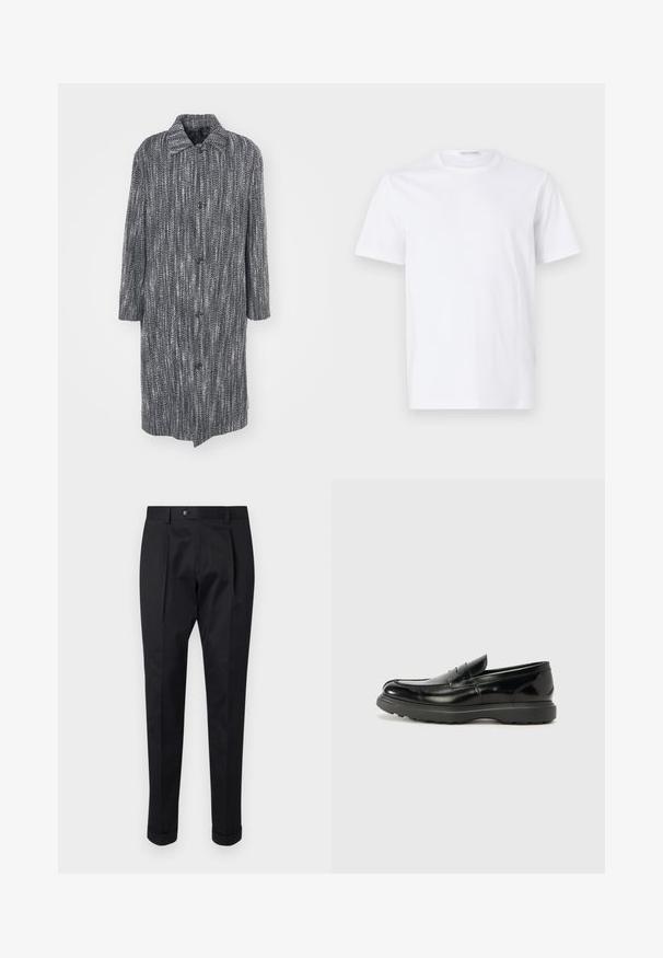 Dug košulja labavog kroja s herringbone uzorkom u crnoj i bijeloj boji, s otvorenim kragnom i šest dugmadi sprijeda.; Bijela pamučna majica s okruglim izrezom i kratkim rukavima. Glatka tekstura, ravni kroj i minimalistički dizajn bez uzoraka ili akcenta.; Crne hlače od glatkog materijala, s preklopom sprijeda, kopčanjem na gumb i smotanim manžetama na gležnju.; Crne kožne mokasine s sjajnom završnom obradom, okruglim vrhom, suptilnim detaljima šivanja i debelim gumenim đonom za izdržljivost.