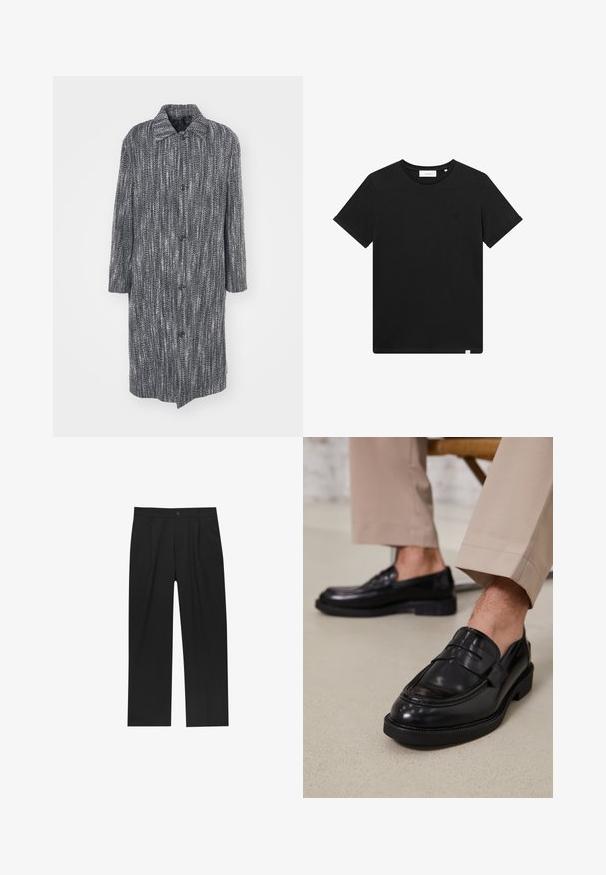 Dlouhý volný kabát s herringbone vzorem v černobílé barvě, má rozhalenku a šest předních knoflíků.; Černé tričko s krátkým rukávem vyrobené z bavlny, s kulatým výstřihem a malým vyšitým logem na hrudi. Hladká textura, standardní střih.; Černé kalhoty s rovnými nohavicemi, vyrobené z hladké tkaniny. Mají přední záhyby a jedno knoflíkové zapínání v pase.; Černé kožené loafers s hladkým povrchem, zdobené páskem a kontrastním prošíváním, spárované s béžovými kalhotami.