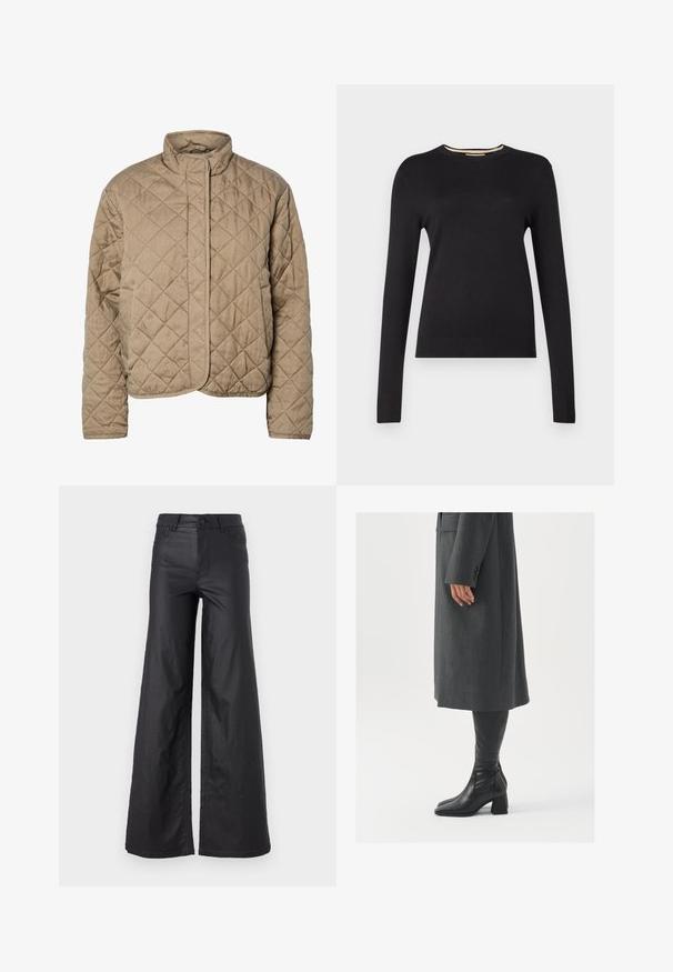 Prešívaná hnedá bunda s vysokým golierom, plným predným zapínaním a bočnými vreckami. Má švy v tvare diamantu a hladký povrch.; Čierny sveter s dlhým rukávom vyrobený z hladkého pleteného materiálu. Má rebrovaný výstrih a manžety, s priliehavým strihom a bez viditeľných vzorov.; Čierne široké nohavice z materiálu imitujúceho kožu. Majú vysoký pás, pútka na opasok, dve predné vrecká a šité detaily.; Sivý, strihovo upravený kabát so rovnými líniami; doplnený o čierne kožené čižmy po kolená s štvorcovou špičkou a robustným podpätkom.