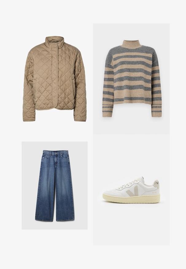 Kepinė ruda striukė su aukšta apykakle, visišku priekiu ir šoninėmis kišenėmis. Puošia rombo formos siūlės ir lygi tekstūra.; Dryžuotas mezginys su pilkos ir smėlio spalvomis, aukštu kaklu, plačiomis rankovėmis su atvartais ir laisvu siluetu, trumpesnio ilgio.; Platus mėlynos džinsinės kelnės su išblukusiu paviršiumi, su mygtukų ir užtrauktuko uždarymu, penkiomis kišenėmis ir diržo kilpomis.; Balti odiniai sportbačiai su kreminiais zomšos akcentais, perforuota pirštų dalimi, plokščiomis raišteliais ir struktūruota kreminėmis padomis. Ant kulno yra subtilus ženklinimas.