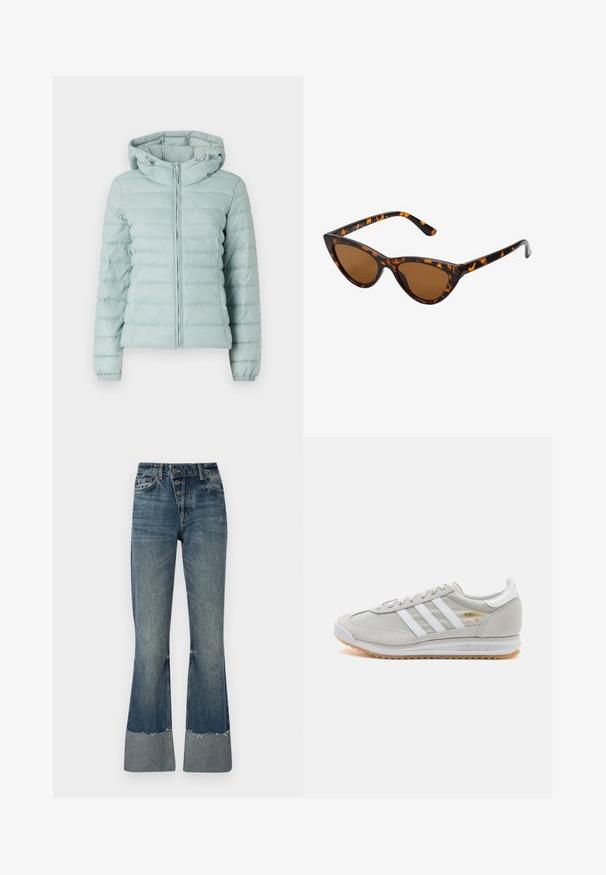 Giacca imbottita blu chiaro con cappuccio, chiusura a zip e polsini elasticizzati. Presenta un design trapuntato e una consistenza morbida. Adatta per il freddo.; Maglione grigio lavorato a maglia con maniche lunghe, scollatura rotonda e vestibilità rilassata. Tessuto testurizzato e lunghezza corta. Nessun ulteriore dettaglio.; Jeans a zampa d'elefante in denim blu medio con vita alta, cinque bottoni e orlo sfilacciato. Presentano un risvolto più chiaro in fondo e una texture sbiadita.; Sneaker grigio chiaro realizzato in suede e rete, con tre strisce bianche, punta arrotondata e suola in gomma color caramello. Accento del logo dorato vicino ai lacci.; Occhiali da sole cat-eye con una montatura tartarugata nera e arancione, lenti marroni e punte affusolate e eleganti. Presentano un logo minimale sulla asta.