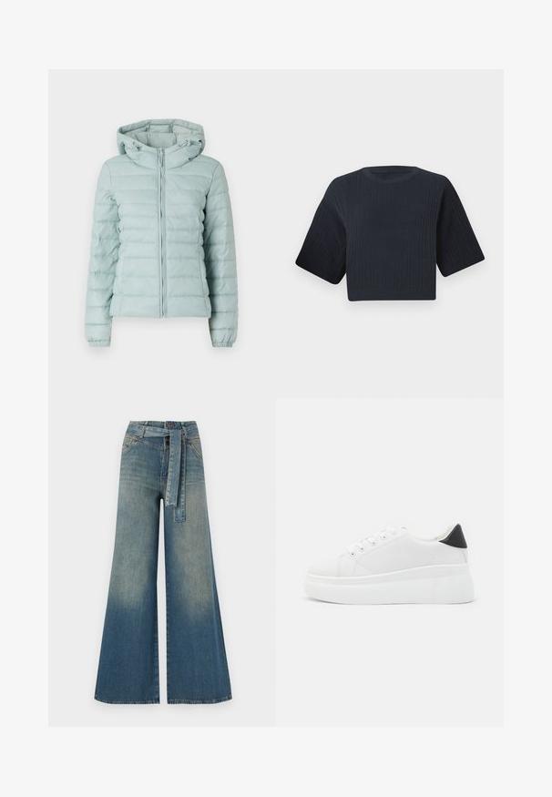 Light blue puffer jacket with a hood, zip closure, and elastic cuffs. Features quilted design and soft texture. Suitable for cold weather.; Dark navy cropped knit sweater with ribbed texture, short wide sleeves, and a round neckline. Simple design, no visible patterns or accents.; Wide-leg denim trousers featuring a light to dark blue gradient, high waist, belt loops, and a matching fabric belt. Textured denim finish.; White platform sneakers made of smooth synthetic material, featuring a rounded toe, lace-up design, and a textured rubber sole. Black heel accent.