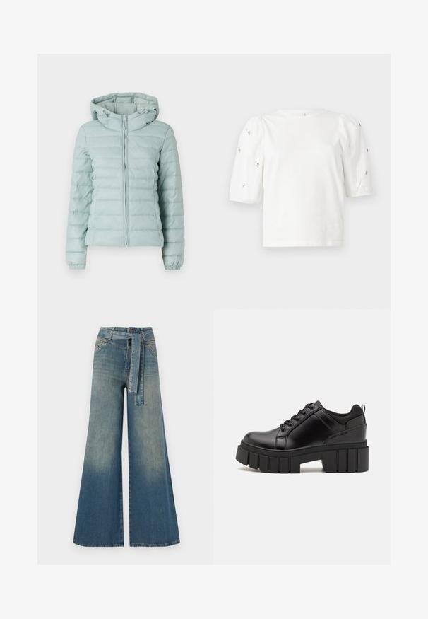Doudoune bleu clair avec capuche, fermeture éclair et poignets élastiques. Présente un design matelassé et une texture douce. Convient aux temps froids.; T-shirt en coton blanc à manches courtes bouffantes, avec de petites embellissements en argent le long des manches. Encolure arrondie classique, coupe décontractée.; Pantalons en denim à jambe large présentant un dégradé de bleu clair à bleu foncé, taille haute, passants de ceinture et une ceinture en tissu assortie. Finition en denim texturé.; Chaussures à plateforme en cuir noir avec un talon bloc épais, bout rond et un design traditionnel à lacets. Elles présentent une texture lisse et un détail minimal.