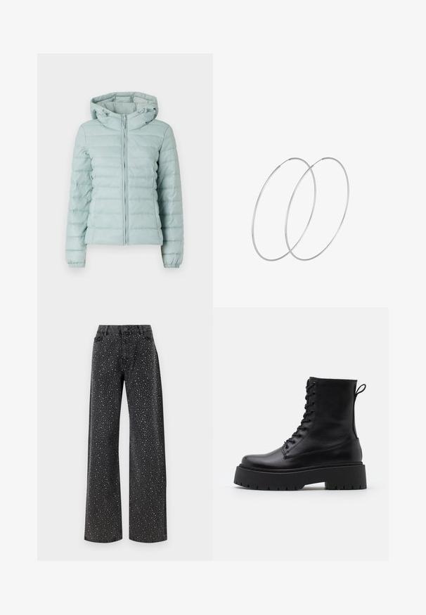 Svetlo modra puhovka s kapuco, z zadrgo in elastičnimi manšetami. Ima prešito obliko in mehak tekstur. Primerna za hladno vreme.; Črno bodi s dolgimi rokavi, z mrežastim V-izrezom in nabranimi rameni. Gladek material z oblikovanim krojem.; Noisy May NMJANNEL LOOSE - Široke kavbojke - black denim; Črne usnjene gležnjarje z okroglo konico, vezalnim sprednjim delom in debelim gumijastim podplatom z teksturiranim profilom. Zanka na hrbtni strani.; Srebrne uhane v obliki obroča z minimalističnim dizajnom. Krožna oblika, gladka tekstura in tanek profil. Lahki s poliranim zaključkom.