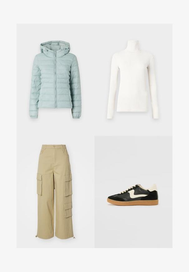 Helles blaues Daunenjacke mit Kapuze, Reißverschluss und elastischen Bündchen. Verfügt über ein gestepptes Design und eine weiche Textur. Geeignet für kaltes Wetter.; Langärmliges Rollkragenshirt in Off-White, aus weichem, elastischem Stoff mit einer taillierten Passform und gerippter Struktur.; Beige Cargo-Hose mit weitem Bein, zwei großen Seitentaschen, Vordertaschen und einem Kordelzugdetail am Saum. Baumwoll-Mischgewebe.; Schwarze Wildleder- und Leder-Sneaker mit einem cremefarbenen Seiten-Swoosh und einer hellcremefarbenen Ferse. Ausgestattet mit beige Schnürsenkeln und einer Gummilaufsohle.