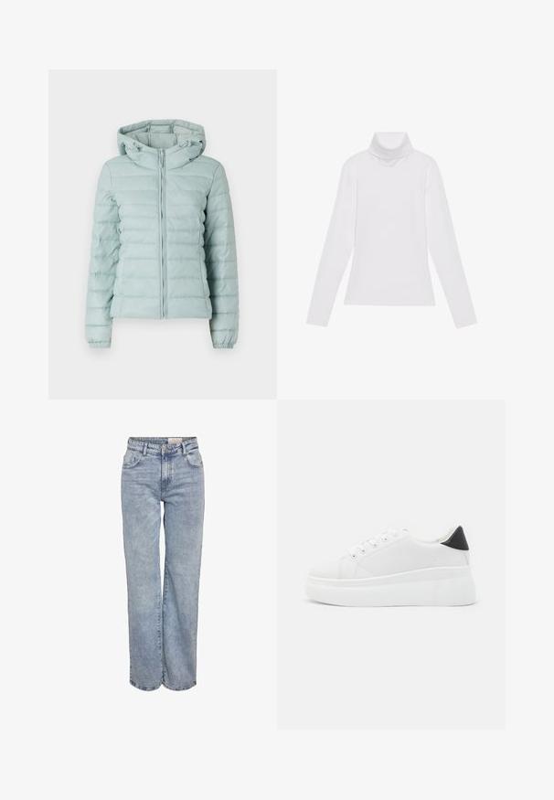 Hele sinine puffer-jakk, millel on kapuuts, tõmblukk ja elastsed mansetid. Omab tikandit ning pehmet tekstuuri. Sobib külmade ilmade jaoks.; Valge pikkade varrukate turtleneck-särk, mis on valmistatud siledast ja venivast kangast. Omab kõrget kraed ja keha lähedast lõiget, ilma nähtavate mustrite või kaunistusteta.; Heledad sinine laia jalaeest, valmistatud denimist, kõrge vöökohaga, viie tasku disainiga ja kerge tuhmumisega, mis annab kulunud välimuse.; Valged platvormsneakerid, mis on valmistatud siledast sünteetilisest materjalist, ovaalse toe, paelkinnise disaini ja tekstuurse kummitaldiga. Must kontsrihm.