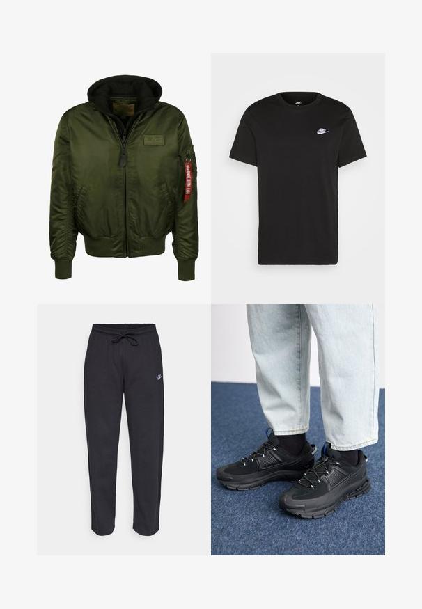 Green bomber jacket with a hood, zippered front, ribbed cuffs and hem, and a red tag on the sleeve stating "Remove Before Flight."; Black cotton T-shirt with short sleeves, round neck, and a small white Nike logo on the upper left chest. Smooth texture. Classic fit.; Black sweatpants made of soft fabric with an elastic waistband, drawstring, and a small Nike logo on the left thigh.; Black athletic shoes with textured fabric and rubber soles, featuring elastic laces and a blue accent on the heel. Worn with light denim pants.