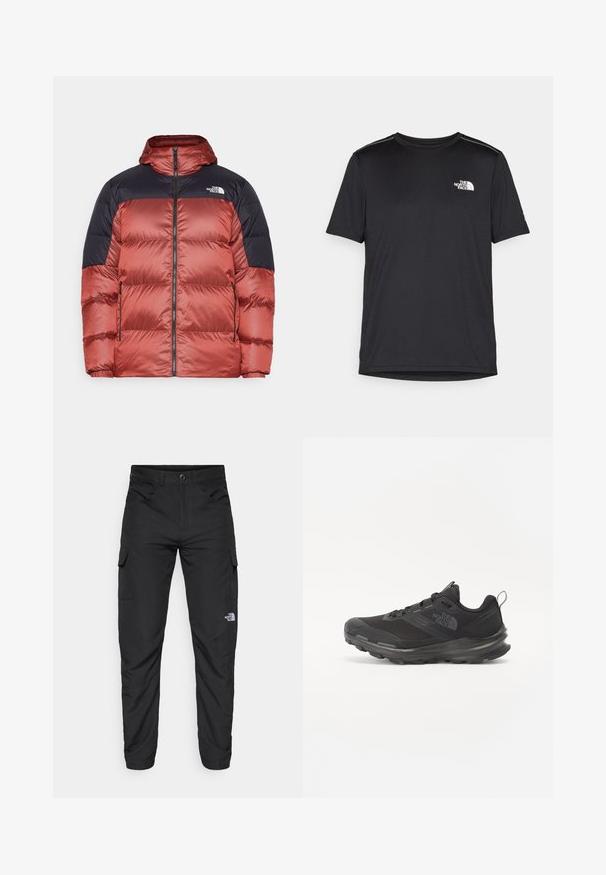 Röd och marinblå puffjacka med dragkedja fram, huva och logotyp på bröstet. Har kviltade sektioner och elastiska manschetter.; Svart kortärmad T-shirt i lättviktig tyg. Har en liten vit logotyp på vänster bröst och subtila axeltoner.; The North Face HORIZON PANT - Friluftsbyxor - black; Svart idrottssko med mesh-överdel, gummiyttersula och vadderad krage. Utrustad med snören, logotyp på sidan och en strukturerad design.