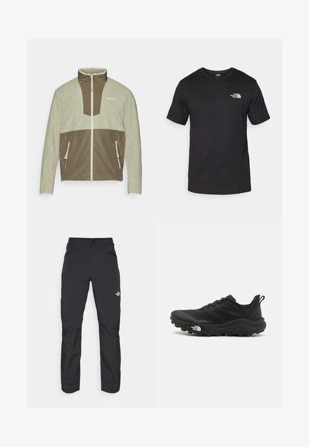 Φλις μπουφάν με ψηλό γιακά, διαθέτοντας ανοιχτό πράσινο πάνω μέρος και σκούρο πράσινο κάτω μέρος. Έχει τσέπες με φερμουάρ και λογότυπο στο στήθος.; Μαύρη κοντομάνικη μπλούζα φτιαγμένη από βαμβάκι, με στρογγυλή λαιμόκοψη και μικρό λευκό λογότυπο στην άνω αριστερή περιοχή του στήθους.; Μαύρο παντελόνι εξωτερικού χώρου με τσέπη μπροστά με φερμουάρ, συνθετικό υλικό, tapered πόδια και ενισχυμένα πάνελ γόνατος. Διαθέτει κούμπωμα με κουμπί.; Μαύρο αθλητικό παπούτσι τρεξίματος με υφασμάτινο άνω μέρος, καουτσούκ σόλα και ενισχυμένη μύτη. Διαθέτει επενδεδυμένο κολάρο και θηλιά στα πίσω για εύκολη φορεσιά.