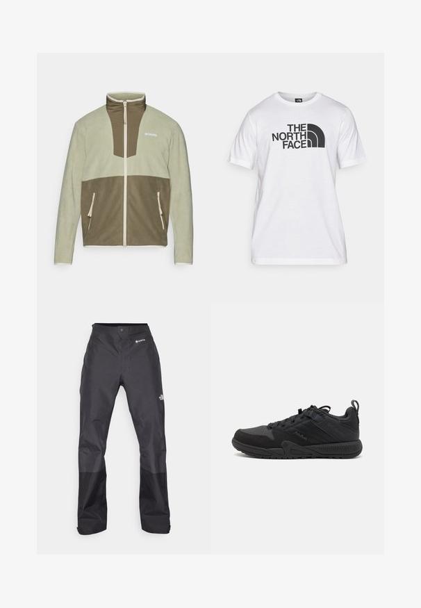 Giacca in pile con colletto alto, caratterizzata da una parte superiore di colore verde chiaro e una parte inferiore di colore verde scuro. Tasche con zip e logo sul petto.; T-shirt bianca in cotone con stampa grafica nera che presenta testo e un design del logo curvo. Collo rotondo e maniche corte. Texture semplice.; Pantaloni impermeabili neri con una texture liscia, dotati di un logo GORE-TEX sulla parte anteriore e rinforzi sulle gambe inferiori per una maggiore durata.; Scarpa sportiva nera con parte superiore in mesh e suede, dotata di zone rinforzate, punta arrotondata, suola testurizzata e linguetta sul tallone.