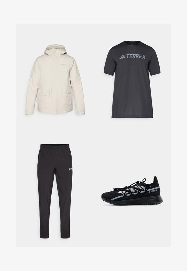 Vaalea beige Terrex-sate jacket, jossa on huppu, suurilla etutaskuilla ja huomaamattomalla brändäyksellä. Sileä, vettä hylkivä materiaali.; Musta lyhythihainen t-paita kevyestä kankaasta, jossa on vaaleanharmaa "TERREX" -logo rinnassa ja pyöreä kaula-aukko.; Musta urheiluhousut, joissa on joustava vyötärö, kaksi sivullista vetoketjupussia ja logo oikeassa yläreidessä. Sileä, kevyt kangas.; Musta urheilukengät, joissa on verkkopinta, heijastavat yksityiskohdat, joustavat nauhat ja teksturoitu kumipohja. Ominaisuudet sisältävät tyylikkään muotoilun suorituskykyä varten.
