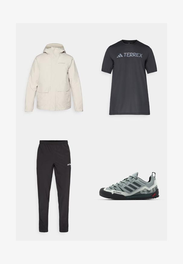 Lichtbeige Terrex regenjack met een capuchon, voorzien van grote voorkeurs en subtiele branding. Glad, waterafstotend materiaal.; Zwarte korte mouwen t-shirt van lichtgewicht stof, met een lichtgrijze "TERREX" logo over de borst en een ronde hals.; Zwarte sportbroek met een elastieke tailleband, twee zijzakken met rits en een logo op de bovenkant van het rechterbeen. Soepele, lichte stof.; Grijze klimschroeve met een gestructureerde bovenkant, zwarte rubberen neuskap, drie donkere strepen en een klein rood accent op de zool.