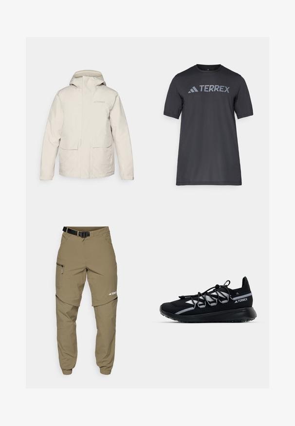 Light beige Terrex rain jacket with a hood, featuring large front pockets and subtle branding. Smooth, water-resistant material.; Black short-sleeve t-shirt made of lightweight fabric, featuring a light gray “TERREX” logo across the chest and a crew neckline.; Khaki outdoor pants with a adjustable black belt, zippered pockets, tapered cuffs, and detachable lower legs for versatile styling.; Black athletic shoe with a mesh upper, reflective accents, elastic laces, and a textured rubber sole. Features a sleek design for performance.