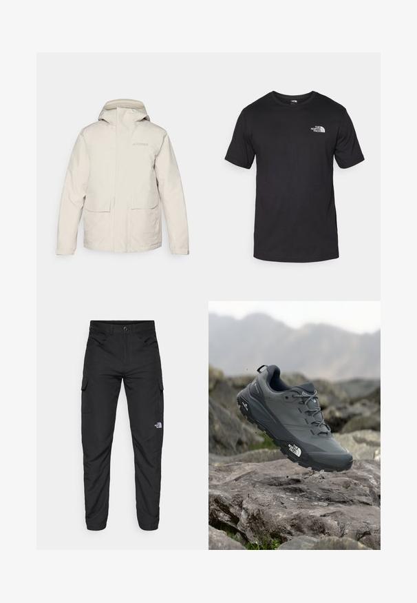 Lys beige Terrex regnjakke med hette, med store frontlommer og subtil merking. Glatt, vannavstøtende materiale.; Svart kortermet t-skjorte laget av bomull, med rund hals og en liten hvit logo på øvre venstre brystområde.; The North Face HORIZON PANT - Friluftsbukser - black; Grå terrengløpesko med en teksturert overdel, slitesterk gummisåle og forsterket tåhette. Inkluderer snørebånd og merkevarelogo på siden.