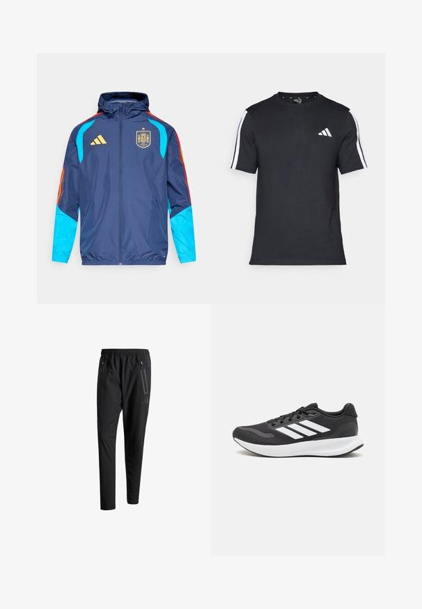 Navy jacket with a hood, featuring blue sleeves, red and yellow accents, and gold Adidas logo. Displays Spain national team crest.; Black T-shirt made of cotton with short sleeves, featuring white stripes on the shoulders and a white logo on the left chest.; Black athletic pants with an elastic waistband, two zippered side pockets, tapered legs, and a subtle logo detail on the hip.; Black athletic shoe with breathable mesh upper, white accents, and a cushioned sole. Features three stripes logo on the side.