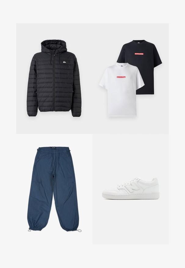Black quilted hooded jacket with front zipper, drawstrings on hood, and small logo on left chest against plain background.; Two T-shirts, one white and one black, both featuring a red Quiksilver logo on the front, in a relaxed fit with short sleeves.; Blue, lightweight pants with elastic waistband, side pockets, and tapered cuffs. Fabric has a smooth texture with minimal visible seams.; White sneaker made of smooth leather, featuring perforated toe, a textured rubber sole, flat laces, and a prominent 'N' logo on the side.