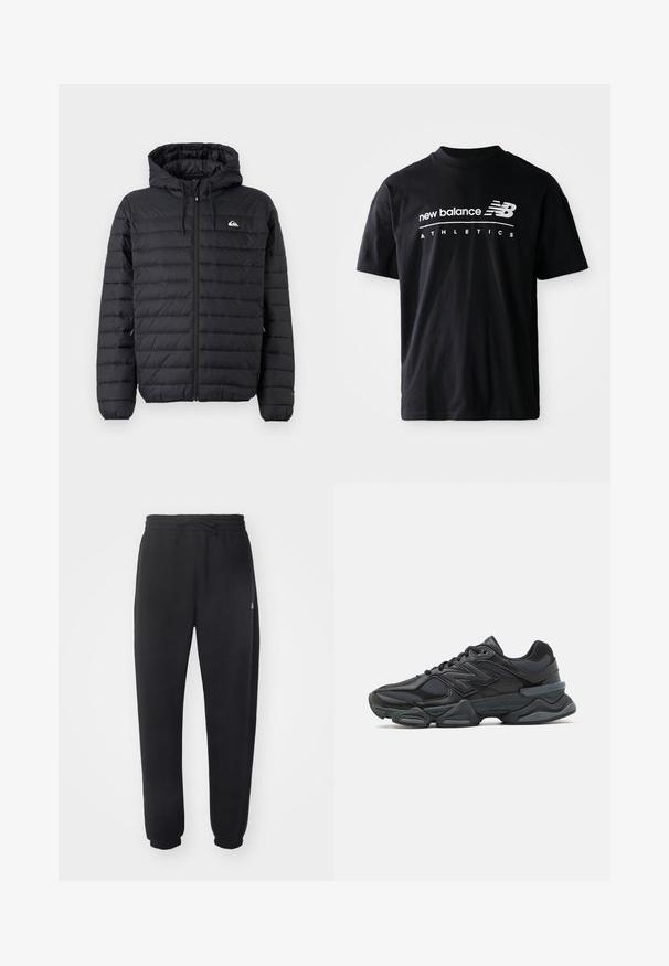 Črna prešita jakna s kapuco, z sprednjim zadrgo, z vrvicami na kapuci in majhnim logotipom na levem prsnem delu, na enobarvni podlagi.; Črna bombažna majica s kratkimi rokavi in krožnim izrezom, na sprednji strani pa so beli grafični napisi "new balance" in "ATHLETICS".; Črne trenirke iz mehkega materiala z elastičnim pasom, vrvico in zoženimi manšetami, ki vsebujejo subtilen logotip na strani.; Črne tekaške superge, ki združujejo mrežaste in sintetične materiale, imajo debel podplat, ukrivljen oblikovni slog ter izrazito blagovno znamko na strani.