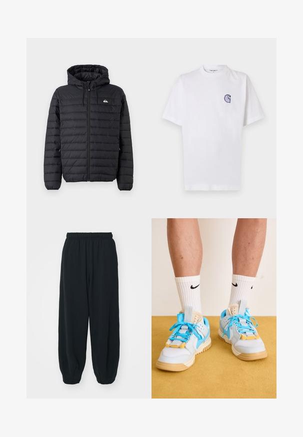 Svart vadderad jacka med huva, framficka med dragkedja, snoddar i huvan och liten logo på vänster bröst mot en plain bakgrund.; Vitt bomullst-shirt med korta ärmar, rund halsringning och en liten, broderad blå "C"-logga på vänster bröst.; Svarta, elastiska sweatpants med lös passform, mudd vid anklarna, slät textur och utan synliga mönster eller detaljer i metall.; Ljust blå sneakers med bruna sulor, med framträdande turkosa snören och gula accenter. Texturerade material och synlig luftkuddsdämpning.