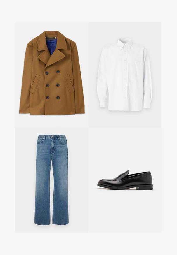 Brown wool peacoat with a double-breasted design, large lapels, and black buttons. Features side pockets and a blue inner lining.; White button-up shirt with a collar, featuring subtle vertical stripes, long sleeves, a chest pocket, and classic rounded hem.; Wide-leg blue jeans made of denim with a faded finish. Features five pockets, a front button closure, and a straight cut.; Black leather loafers with a smooth texture, rounded toe, and a decorative strap across the vamp. Low stacked heel, minimalist design.
