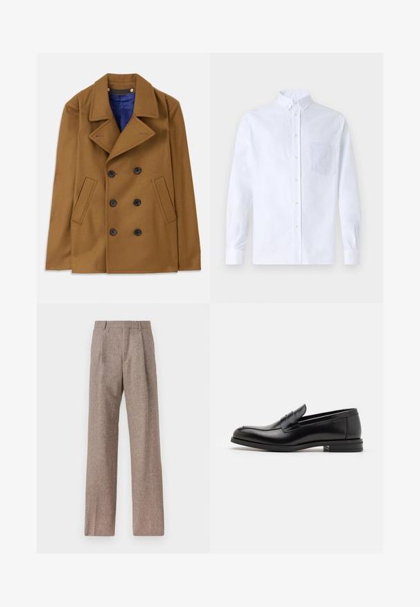 Barna gyapjú peacoat, dupla gombolású kivitelben, nagy hajtókákkal és fekete gombokkal. Oldalsó zsebekkel és kék béléssekkel rendelkezik.; Fehér, hosszú ujjú, gombos ing pamutból, mellzsebbel, tónusos hímzéssel, gallérral és gombos mandzsettával.; Barna, magas derekú nadrág texturált anyagból. Széles szárai és két elülső redője biztosítja a struktúrát. Ízléses kivitel, látható fémszerelés nélkül.; Fekete bőr loaferek sima textúrával, kerek orral és dekoratív pánttal a vampnál. Alacsony, rétegelt sarkú, minimalista dizájn.