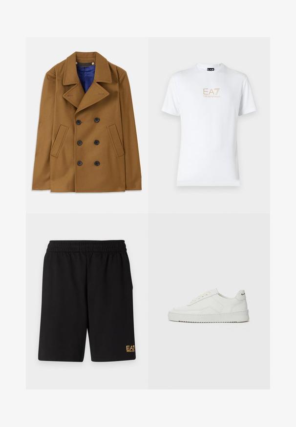 Palton din lână maro, cu design dublu-broderie, revere mari și butoane negre. Are buzunare laterale și o căptușeală interioară albastră.; Tricou alb din bumbac, cu guler rotund și mâneci scurte, având un logo auriu EA7 Emporio Armani imprimat pe față.; Shorts atletici negri dintr-un material moale, având o talie elastică și un mic logo galben EA7 pe partea inferioară a piciorului stâng.; Sneakers din piele albă cu un finisaj neted, vârf rotund, șireturi plate și o talpă texturată. Prezintă un logo subtil pe călcâi.