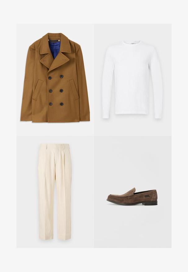 Cappotto in lana marrone con design doppiopetto, ampi rever e bottoni neri. Presenta tasche laterali e una fodera interna blu.; Maglietta a maniche lunghe di colore bianco semplice con scollatura a girocollo esposta su uno sfondo piano di grigio chiaro.; NN.07 KAY - Pantaloni - off white; Stuart Weitzman BURT - Scarpe senza lacci - espresso