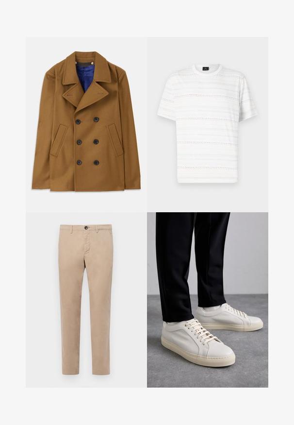 Brown wool peacoat with a double-breasted design, large lapels, and black buttons. Features side pockets and a blue inner lining.; White T-shirt with short sleeves, featuring horizontal dashed lines in light blue, pink, and black. Classic crew neck design.; Beige cotton trousers with a straight design, featuring a zip fly, button closure, and side pockets. Smooth texture and tailored fit.; Light beige leather sneakers with flat laces, a textured surface, and a contrasting cream-colored rubber sole, paired with black tapered pants.
