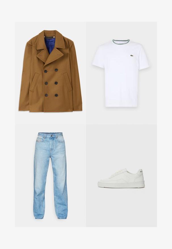 Barna gyapjú peacoat, dupla gombolású kivitelben, nagy hajtókákkal és fekete gombokkal. Oldalsó zsebekkel és kék béléssekkel rendelkezik.; Fehér pamut, rövid ujjú póló bordás gallérral, zöld és fekete csíkokkal; kis zöld hímzett logó a bal mellen.; Világoskék farmernadrág, egyenes szabással, öt zsebes dizájnnal és látható gombos cipzárral, kontrasztos varrással.; Fehér bőr sportcipő sima felülettel, kerek orral, lapos fűzőkkel és texturált talppal. Finom logó található a sarokon.