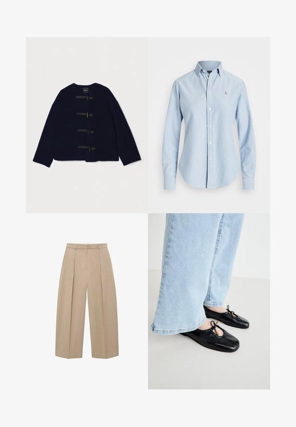 Theory SHORT TOGGLE - Zimní bunda - navy; Světle modrá košile na knoflíky vyrobená z bavlny, s dlouhými rukávy, špičatým límcem a malým vyšitým logem na levé hrudi.; Beige kalhoty s širokými nohavicemi visící vertikálně, s předními záhyby a plochým pasem, které vyzařují neutrální a elegantní styl.; Černé kožené baletky s kulatou špičkou, zdobené výřezem a mašlí, nošené s světle modrými kalhotami s širokými nohavicemi.