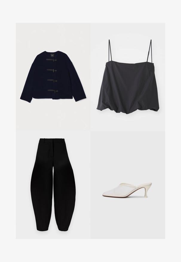 Theory SHORT TOGGLE - Winter jacket - navy; Black sleeveless top with thin straps, loose fit, and gathered hem. Made of lightweight fabric with a smooth texture.; Black wide-leg trousers with a high waist, pleated front, and tapered ankles. Made from smooth fabric with a matte finish.; White mesh pointed-toe mule with a slim mid-height heel and slip-on design against a plain background.