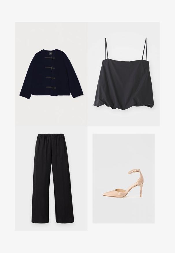 Theory SHORT TOGGLE - Winterjas - navy; Zwarte mouwloze top met dunne banden, ruime pasvorm en gathered zoom. Gemaakt van lichtgewicht stof met een gladde textuur.; Zwarte wijde broek van een zachte, lichte stof, met een elastische tailleband en gestikte zoom, die een ontspannen pasvorm biedt.; Nude patenten leren puntige schoen met een enkelbandje en een stilettohak, met een gladde textuur en een minimalistisch ontwerp.