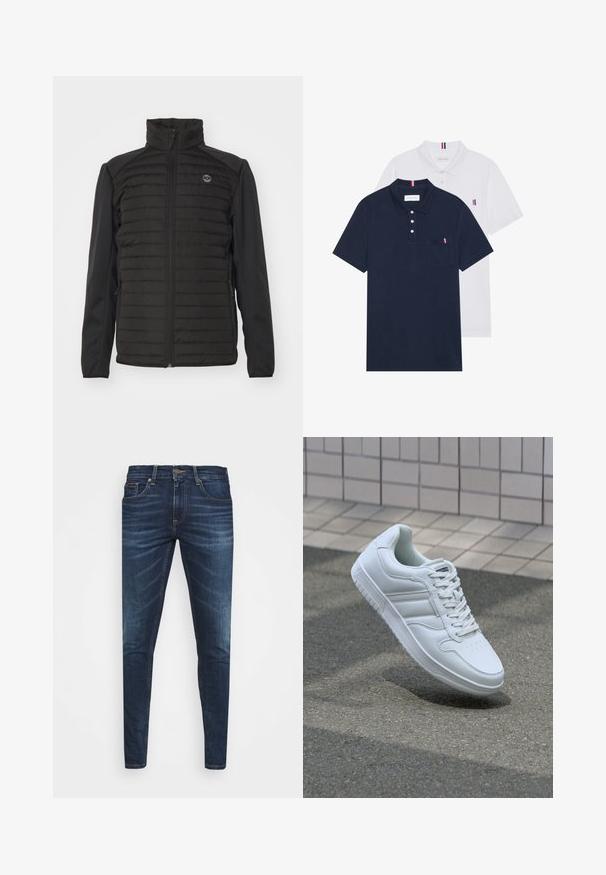 Juodas izoliuotas švarkas su siuvinėta priekiu, lygiais rankovėmis, pakeltu apykakle, pilnu užtrauktuku ir logotipo detale ant krūtinės.; Du keturių marškiniai: vienas tamsiai mėlynas ir vienas baltas, abu su mažais raudonais, baltais ir mėlynais akcentais ant krūtinės kišenės ir apykaklės.; Tamsiai mėlynos džinsinės kelnės su liesu siluetu, subtiliu nusidėvėjimu, penkiomis kišenėmis ir metaliniu mygtuku užsegimui. Įsiūtos akcentai kontrastinga spalva.; Baltos sportinės kedai su lygaus odos viršumi, raišteliais priekyje, perforuotu kojų pirštu ir raštuotu padu. Minimalistinis dizainas su trimis šoninėmis juostelėmis.