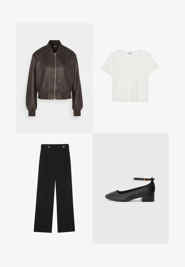 Brun lær bomberjakke med glidelås foran, ribbestrikkede mansjetter og kant. Har sidelommer og en rund krage, og viser en jevn tekstur.; Hvit T-skjorte med kort erm laget av myk bomull. Har rund hals og avslappet passform. Rent design uten synlige mønstre eller aksenter.; Svart vide bukser med høy midje, knappdetaljer på midjebåndet og frontplisser.; Sorte skinnpumper med spiss tå og lav blokkhelt. Har ankelrem med gullfarget spenne. Glatt tekstur.