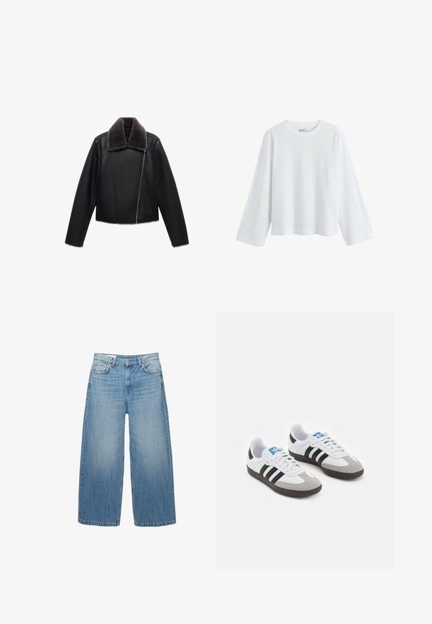 Schwarze Lederjacke mit grauem Kunstpelzkragen, taillierter Schnitt, langen Ärmeln und diagonaler Frontreißverschluss.; Weißes Langarm-T-Shirt aus weicher Baumwolle, mit rundem Ausschnitt und Raglanärmeln, lockerer Passform und ohne sichtbare Muster.; Hellblaue weite Jeans aus Denim, mit einem klassischen Fünf-Taschen-Design und einem Knopfverschluss. Im ganzen Stoff mit einem verwaschenen Look.; Sportschuhe mit einem Obermaterial aus weißem Leder, grauer Wildleder-Zehenkappe und drei schwarzen Streifen. Sie verfügen über ein blaues Logo auf der Zunge und eine strukturierte Gummisohle.
