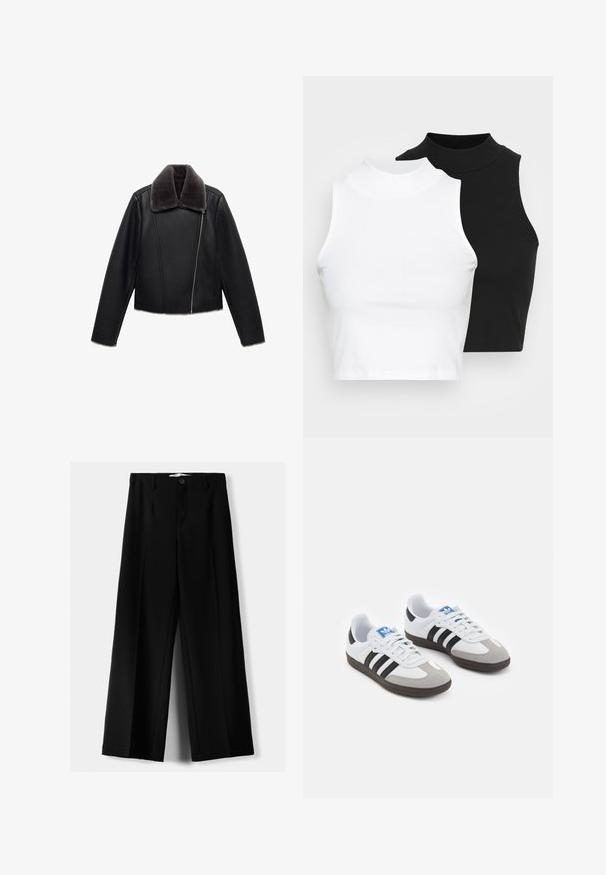 Veste en cuir noire avec un col en fausse fourrure grise, design court, manches longues et fermeture éclair diagonale à l'avant.; Deux hauts sans manches en maille côtelée, en noir et blanc, dotés d'un design ajusté et d'une texture lisse, avec une longueur courte.; Pantalons larges noirs en tissu léger, avec une fermeture à bouton à l'avant et un devant plat, dotés d'ourlets soigneusement cousus.; Baskets avec une tige en cuir blanc, un bout en daim gris et trois bandes noires. Présente un logo bleu sur la languette et une semelle en caoutchouc texturée.