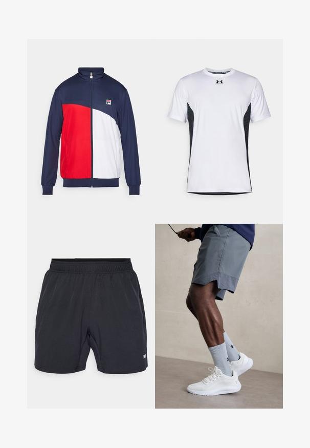Rot, weiß und marineblaue Zip-Jacke mit hohem Kragen, elastischen Bündchen und seitlichen Taschen; verfügt über ein Logo-Patch auf der Brust.; Under Armour CHALLENGER PRO SS - Sport T-Shirt - white/black; Schwarze Shorts mit einem elastischen Bund, hergestellt aus glattem, leichtem Stoff, mit einem kleinen Logo auf der unteren rechten Seite.; Weiße Sportschuhe mit strukturiertem Mesh-Obermaterial, kombiniert mit hellblauen gerippten Socken mit einem Logo. Graue Sportshorts mit perforiertem Saum.