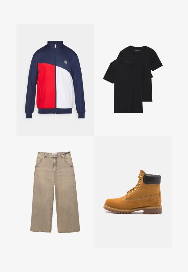 Červená, bílá a námořnická modrá zipová bunda s vysokým límcem, elastickými manžetami a bočními kapsami; na hrudi má nášivku s logem.; Dvě černé bavlněné tričko s krátkým rukávem, kulatým výstřihem a hladkou texturou, vystavené naskládané k sobě.; PULL&BEAR MEGA BAGGY - Baggy džíny - light grey; Hnědé semišové kotníkové boty s černým polstrovaným límcem, zlatými kovovými očky, bílým prošíváním a odolnou gumovou podrážkou s výraznými drážkami.