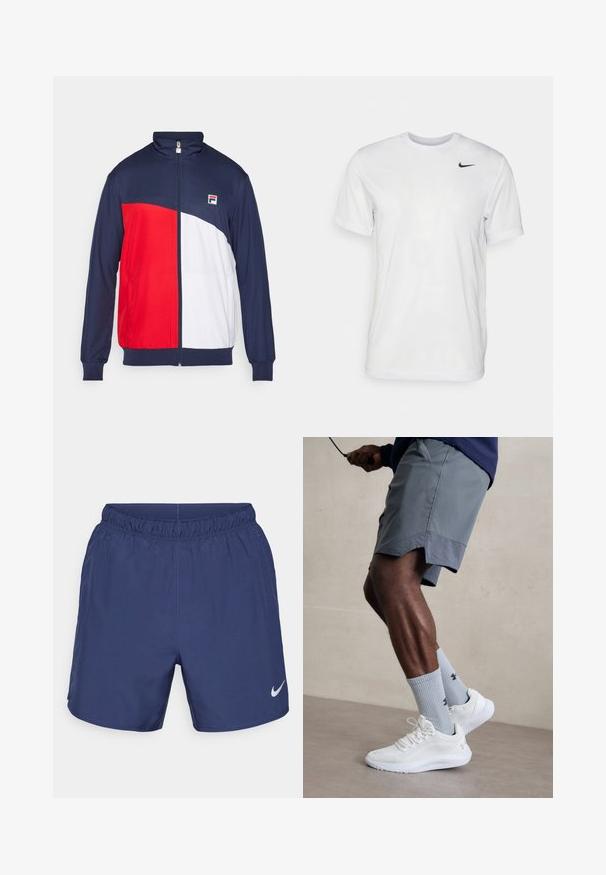 Raudona, balta ir tamsiai mėlyna zip-up striukė su aukštu apykakle, elastinėmis rankovėmis ir šoninėmis kišenėmis; turi logotipo pleistrą ant krūtinės.; Balta trumpa rankovėmis marškinėliai, pagaminti iš lygaus audinio. Turi apvalų kaklą ir mažą juodą Nike logotipą kairėje krūtinės pusėje.; Tamsiai mėlynos sportinės šortai, pagaminti iš lengvos medžiagos. Juosma su elastiniu diržu ir maža balta Nike logotipu kairėje apatinėje pusėje.; Balti sportiniai bateliai su tekstūruotu tinkleliu viršuje, derinami su šviesiai mėlynomis ribotomis kojinėmis su logotipu. Pilki sportiniai šortai su perforuota apdaila.