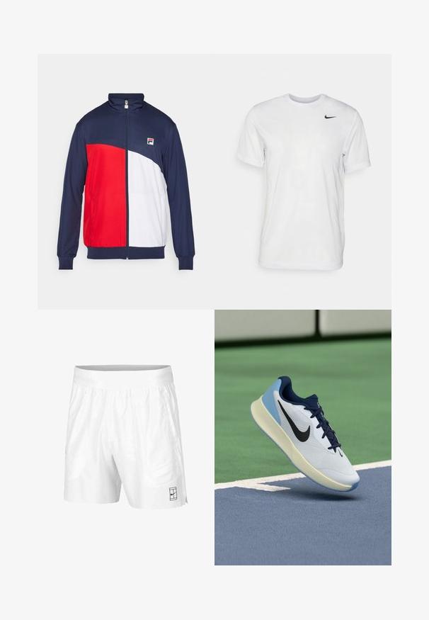 Red, white, and navy zip-up jacket with high collar, elastic cuffs, and side pockets; features logo patch on the chest.; White short-sleeve t-shirt made of smooth fabric. Features a round neck and a small black Nike logo on the left chest.; White athletic shorts made of lightweight fabric with an elastic waistband, featuring two side pockets and a small black logo on the hem.; White athletic shoe with navy accents, a breathable upper, textured sole, and a light blue heel, displaying a sleek, modern design.