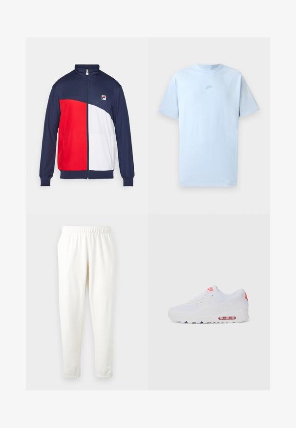 Chaqueta de cremallera roja, blanca y azul marino con cuello alto, puños elásticos y bolsillos laterales; presenta un parche con el logo en el pecho.; Camiseta de algodón azul cielo con mangas cortas, cuello redondo y logo de Nike bordado en un azul ligeramente más oscuro en el pecho.; Pantalones de chándal de color crema con cintura elástica y piernas cónicas, confeccionados en un material suave. Presentan una textura lisa y sin patrones o acentos visibles.; Zapatilla deportiva blanca con una parte superior lisa, cierre de cordones, suela acolchada y una unidad de aire visible con acentos rojos en la marca.