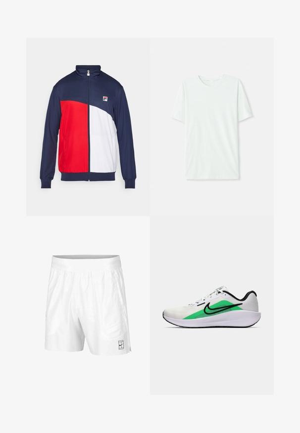 Rood, wit en marineblauwe ritsjack met hoge kraag, elastische boorden en zijzakken; voorzien van een logo patch op de borst.; Licht mintgroen T-shirt met korte mouwen, gemaakt van zachte stof. Het heeft een ronde halslijn en een simpele, rechte snit zonder versieringen.; Witte sportshorts gemaakt van lichtgewicht stof met een elastische tailleband, voorzien van twee zijzakken en een klein zwart logo op de zoom.; Witte sportieve schoen met een groene accenta, zwart logo, bovenwerk van mesh, gevoerde zool en een afgeronde hak. Voorzien van veters en contrasterende details.