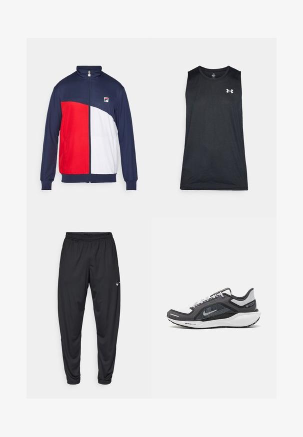 Rood, wit en marineblauwe ritsjack met hoge kraag, elastische boorden en zijzakken; voorzien van een logo patch op de borst.; Zwarte mouwloze sportshirt gemaakt van een gladde, ademende stof. Heeft een ronde halslijn en een wit logo op de borst.; Zwarte sportbroeken met een elastische tailleband, taps toelopende pijpen en een klein wit Nike-logo op de linker bovenbeen. Glad stof, zonder patronen.; Zwarte en grijze sportschoen met een bovenwerk van mesh, reflecterende accenten en een witte tussenzool. Beschikt over een gestructureerde rubberen zool en veters.