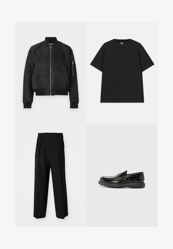 Must mustruudist must bomber-jakk, millel on tõmblukuga kinnitamine, soonikkoes mansetid ja äär, ning küljetasku tõmblukuga detailiga.; Must värviline lühikeste varrukatega T-särk, mis on valmistatud puuvillast, ümmarguse kaelusega ja väikese logo detailiga allääres. Sile tekstuur, regulaarne lõige.; Mustad volditud püksid sirge ja laia säärega disainiga. Valmistatud siledast kangast, millel on nuppudega sulgemine ja vööaasad.; Must musta nahk loafer läikiva viimistlusega, ümar varvas, delikaatsed õmblusdetailid ja paks kummist tallad vastupidavuse tagamiseks.