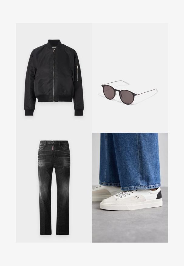 Giacca bomber nera realizzata in tessuto morbido, con chiusura zip, polsini e orlo a coste, e una tasca laterale con dettaglio zip.; T-shirt in cotone nero con scollatura rotonda, maniche corte e logo "EMPORIO ARMANI" in bianco sopra "Milano" in una disposizione curva.; Jeans in denim nero con vestibilità dritta. Presentano aree sbiadite, leggeri segni di usura, classico design a cinque tasche e chiusura con bottone.; Sneaker bianche e nere con parte superiore in pelle liscia, dettagli testurizzati e suola bianca spessa. Presentano un classico design con lacci.; Occhiali da sole neri rotondi con lenti scure e sottili bracci in metallo. Include punte trasparenti e accenti argentati alla cerniera. Design minimalista.